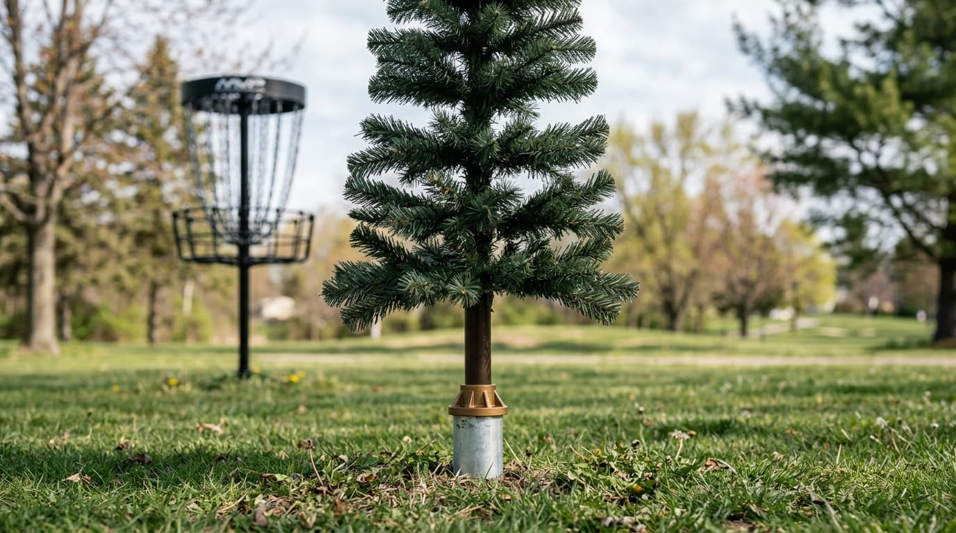 A PinPines artificial pine locked into an MVP Portal basket sleeve on a disc golf course.